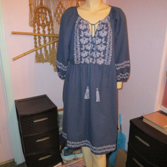 Sundance Caspian Breeze Dress Size L Linen Blend Embroidered Puff Sleeve Pockets - Picture 1 of 12